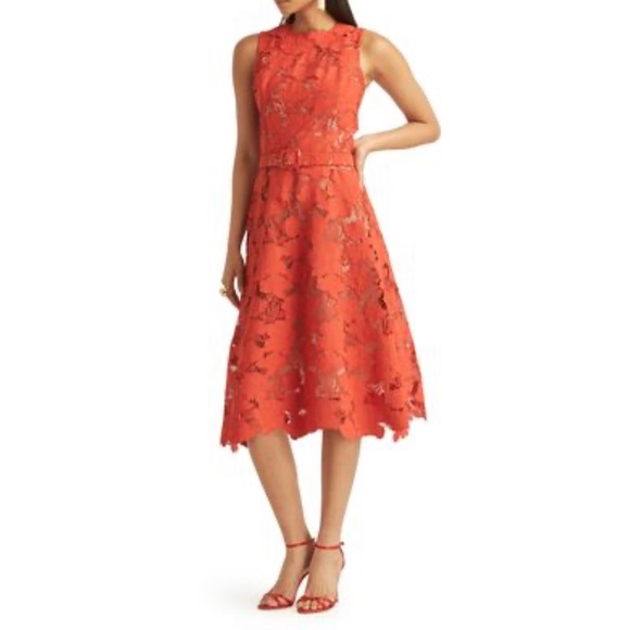 Oscar de la Renta Dresses & Skirts - Oscar de la Renta Red Magnolia Belted Guipure Lace A-Line Dress in Sienna NWT 6